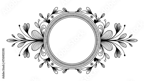 Elegant decorative circular frame with intricate floral and leaf patterns, perfect for invitations, labels, vintage designs, or ornamental borders.