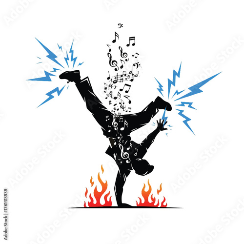 Silhouette of a breakdancer performing a handstand with music notes, lightning bolts, and flames, creating a dynamic and energetic visual.