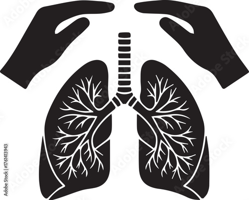 Black silhouette of lungs protected by hands Keywords: lungs, anatomy, human, body, health