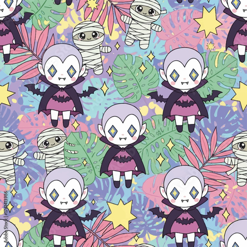 Seamless pattern featuring cute cartoon vampires and mummies amidst colorful tropical leaves and sparkling stars.