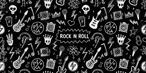 Energetic rock n roll doodle pattern with guitars skulls microphones and lightning bolts