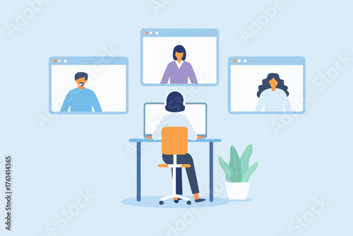 Woman in headphones having a video conference call with colleagues from home or office