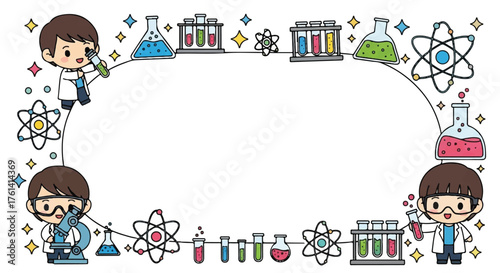 Cartoon border featuring scientists in lab coats, beakers, test tubes, microscopes, and atoms, creating a frame for text or images.