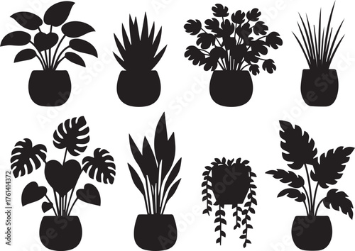 Collection of Black Silhouettes of Potted Houseplants