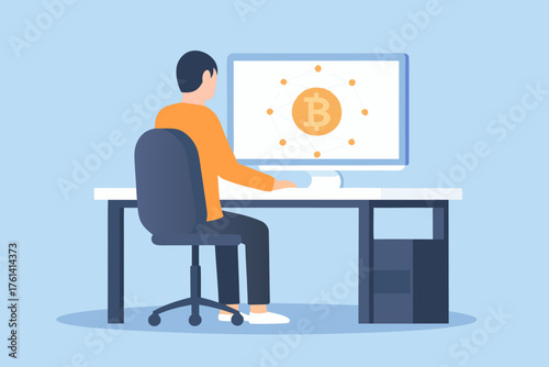 Person working on a computer displaying a bitcoin network diagram on screen