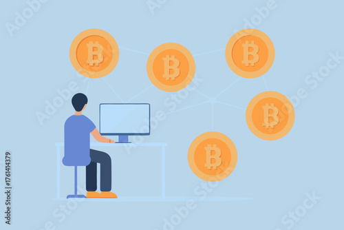 Person sitting at a desk using a computer connected to a network of bitcoin cryptocurrency coins
