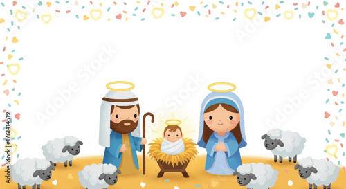 Nativity scene illustration featuring Mary, Joseph, baby Jesus in a manger, and sheep, surrounded by a colorful confetti border.
