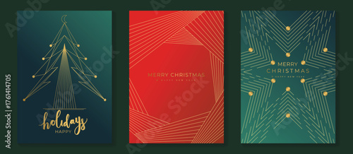 Minimal Red and Green Christmas Vector Card Set with Golden Line Art, Holiday and Merry Christmas Greeting Backgrounds