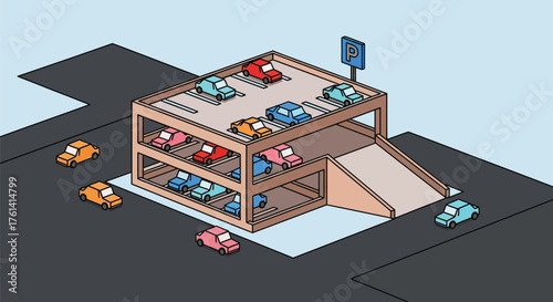 Cartoon parking garage with cars for parking and transportation