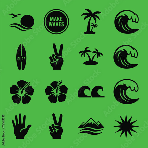 Tropical Beach and Surf Icons on Green Background wave