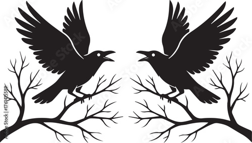 Two Black Silhouette Crows on Bare Branches Facing Each Other