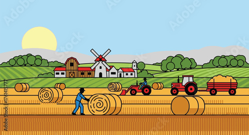 Cartoon farm scene with tractor hay bales and windmill illustration