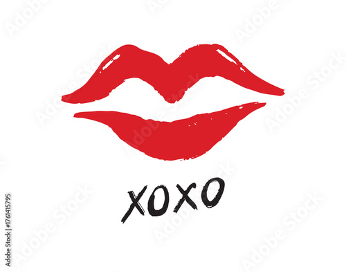 pink red lipstick kiss symbol, hugs and kisses text xoxo. lips xo xo doodle hand drawn icon. Drawing line clipart symbol