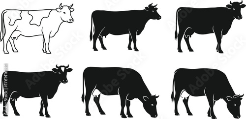 Cow silhouettes and line art variations, farm livestock vector illustration, grazing cattle designs, domestic animal graphics for agriculture and dairy themes, cad drawing flat vector illustration