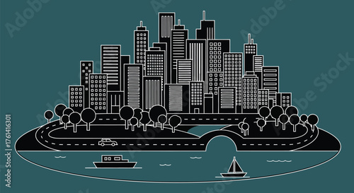 Cityscape illustration with skyline buildings and water transport