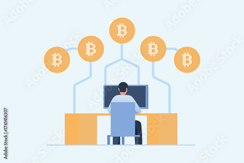 Man sitting at desk using computer connected to multiple bitcoin symbols representing cryptocurrency trading and investment