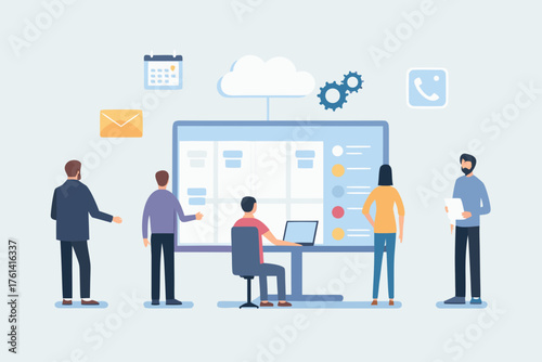Team collaborating on a digital project management board with icons for communication and planning