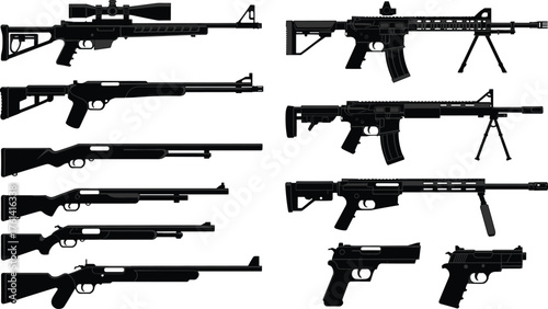 Collection of modern rifles, sniper guns, pistols, and shotguns in black silhouette design for weapon, military, and defense concept illustration.