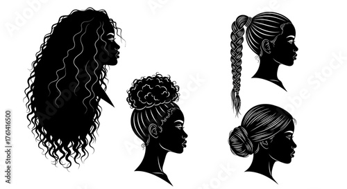 African American Women Hairstyle Silhouettes, Black Woman Side Profile Vector Set, Curly, Braided, and Updo Hair Styles