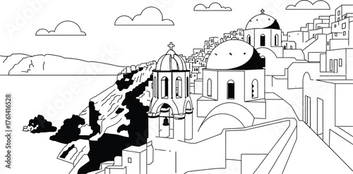 Santorini greece illustration blue domes and white buildings view