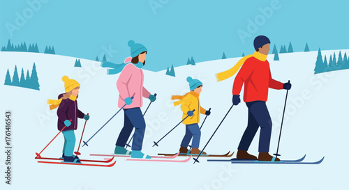 Family ski trip winter vacation snow activities vector graphic