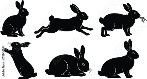 Silhouette rabbits in different poses, vector animal illustration, jumping bunny, eating grass, sitting, running, wildlife graphic, pet design, cad drawing flat vector illustration