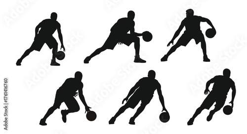 Basketball Dribbling Techniques Silhouettes, Player Ball Handling Vector Poses, Crossover and Behind-the-back Dribbles