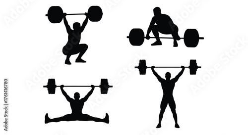 Analysis of Weightlifting Poses and Lifts, Clean and Jerk Technique Silhouettes, Powerlifting Training Positions Vector
