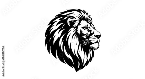 Majestic Lion Head Profile Vector, Black and White Lion Mane Illustration, Fierce Wild Animal Mascot Art