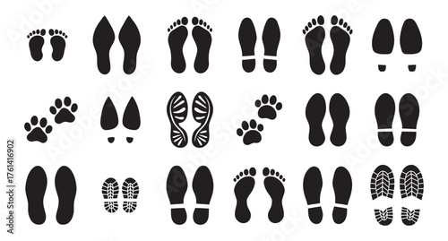 Human bare walk footprints shoes and shoe sole Kids feet vector set. footsteps icon or sign for print, trail Walking footstep and footprint follow route sale