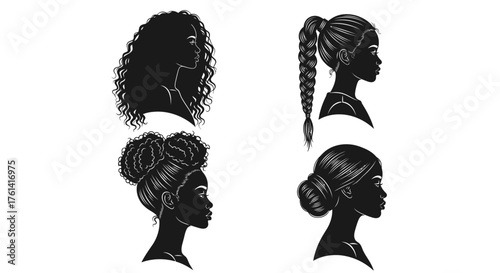African American Women Hairstyle Silhouettes, Black Woman Hair Profile Vector Set, Curly, Braided, and Updo Hair Looks