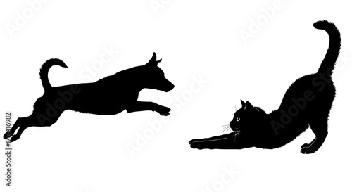 Dog Running and Cat Stretching Silhouettes, Pet Animals Black Vector Illustration, Canine and Feline Dynamic Figures