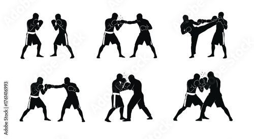 Boxing and Kickboxing Action Silhouettes, Martial Arts Combat Poses Vector Set, Fighting Stances and Techniques Illustration