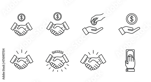 Giving and Receiving Money Handshake Icons, Financial Agreement and Success Line Art, Business Deal and Friendship Symbols