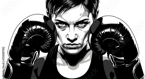 Intense Female Boxer Illustration, Black and White Boxing Art, Woman with Boxing Gloves Vector