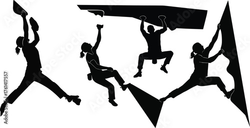 Rock Climbing Poses Silhouettes, Female Climber Vector Set, Dynamic Bouldering Figure Illustration