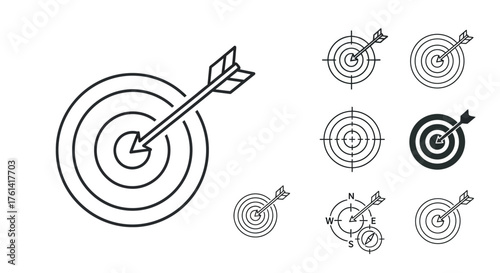 Target and Arrow Line Icons Set, Simple Goal Achievement Vector Symbols, Outline Dartboard Success Icons