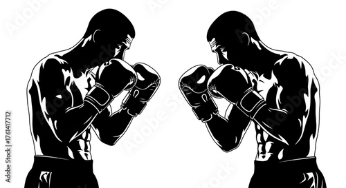 Two Boxers Stance Black and White Vector, Fighting Sport Figures Illustration, Combat Sport Preparation