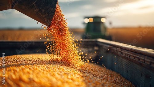 Golden corn harvest pouring into truck trailer at sunset, symbolizing abundance and successful agriculture