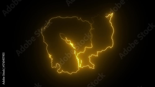 Cambodia map outline glowing yellow energy lightning strike on black background digital animation country