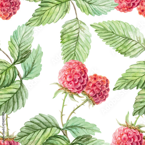 Raspberry seamless pattern. Ripe berries and green leaves. Hand drawn watercolor illustration for juice, jam and marmalade labels. Suitable for wrapping paper, textiles and scrapbooking.