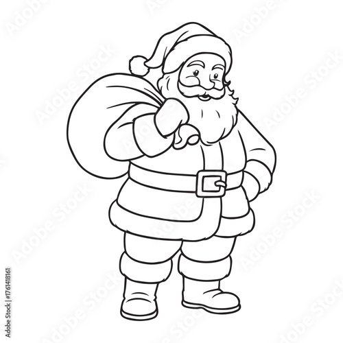 Smiling Santa Claus with gift bag cartoon vector illustration for Christmas greeting card or poster
