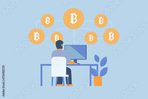 Man working on computer with bitcoin symbols connected to him digitally representing cryptocurrency investment and trading