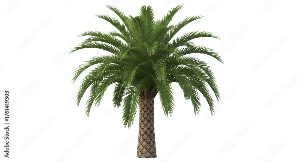 Obraz premium Vibrant green palm tree with textured trunk evokes tropical paradise and summer vacation dreams for design projects.