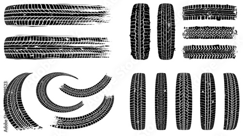 Grunge tire tracks collection for motorsport designs and automotive industry projects