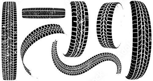 Detailed tire track impressions set for automotive design elements in dynamic black and white