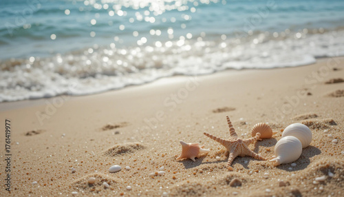 Tropical summer vacation with seashells and a crab on the sandy beach shore, with nobody present