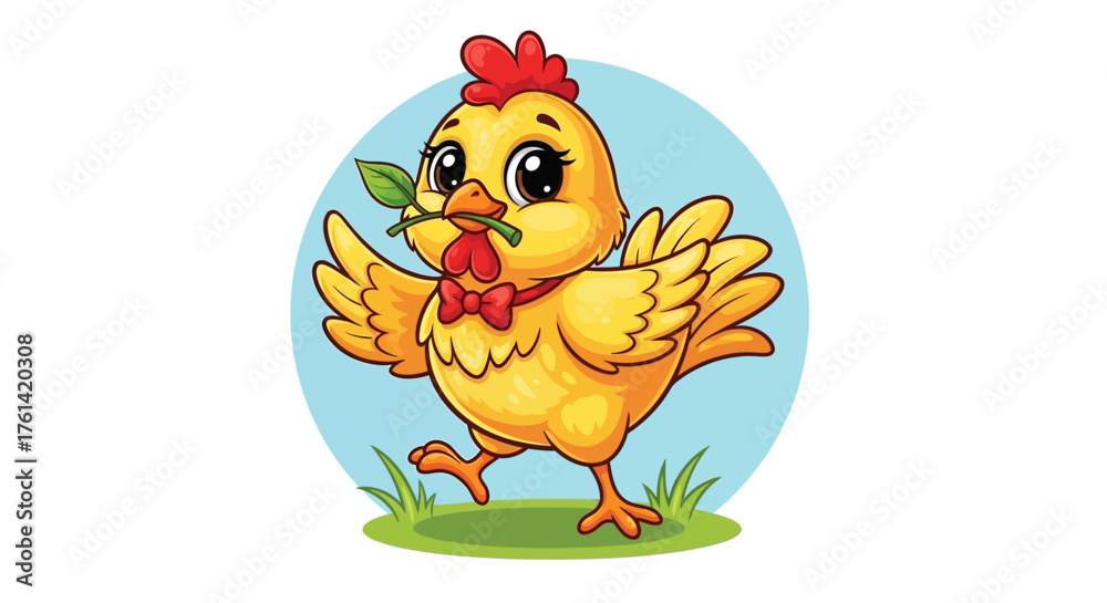 Fototapeta premium Adorable cartoon chick strutting with a leaf in its beak, ready for spring, Easter, or a fun farm adventure, radiating playful charm and innocence