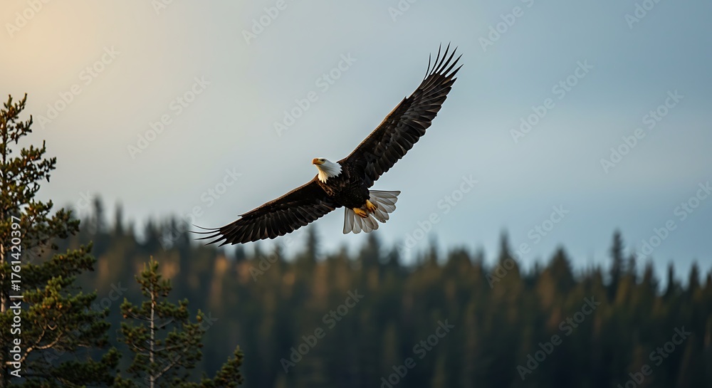 Obraz premium Majestic Bald Eagle Soaring Above the Forest Canopy.