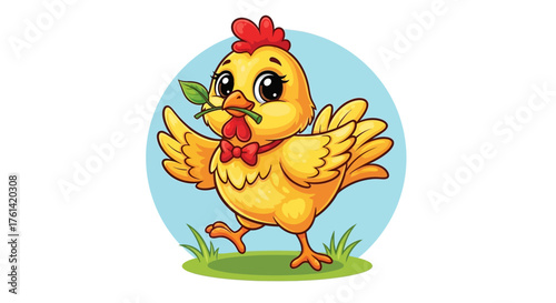 Adorable cartoon chick strutting with a leaf in its beak, ready for spring, Easter, or a fun farm adventure, radiating playful charm and innocence